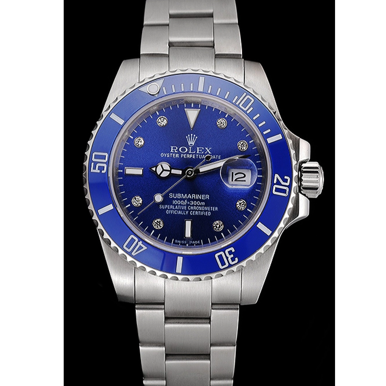 Aaa replica watch Stainless Bracelet Steel Case Blue Diamond Submariner Rolex Steel Stainless Markers Dial 622638 0516